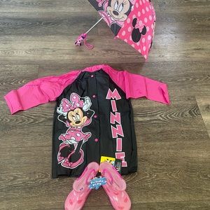 Minnie Mouse raincoat (size 2/3) umbrella and rain boots (size 6 toddler)